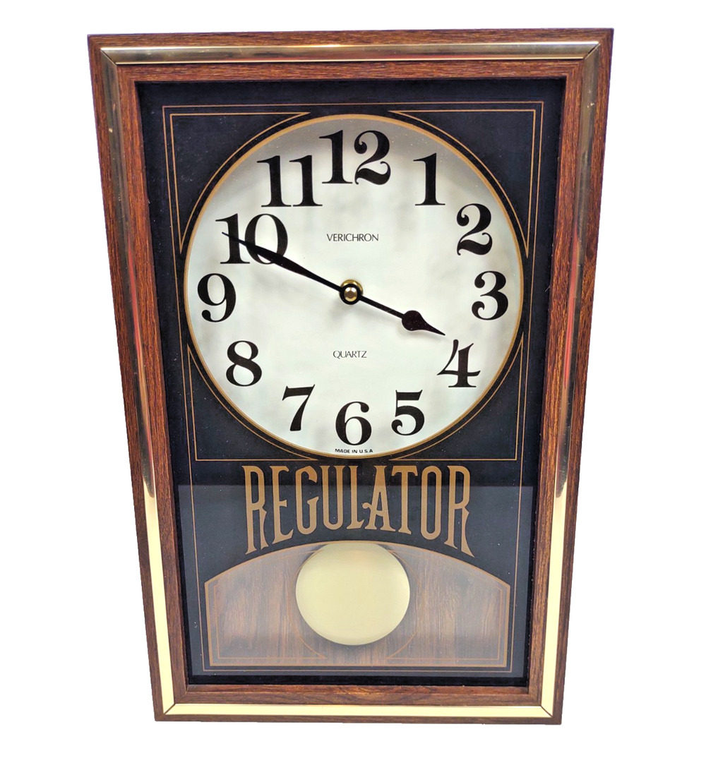 Verichron Regulator Quartz Wall Clock 14" Wood Grain Gold Trim USA Rectangle MCM